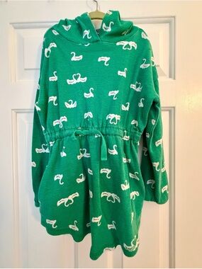 Hanna Andersson Green Hooded Knit Dress with White Swan Motif